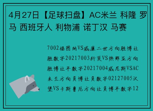4月27日【足球扫盘】AC米兰 科隆 罗马 西班牙人 利物浦 诺丁汉 马赛
